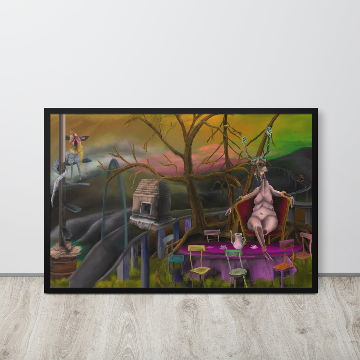 Deer Dra’s Picnic framed luster print hanging on a white wall with a curtain alongside