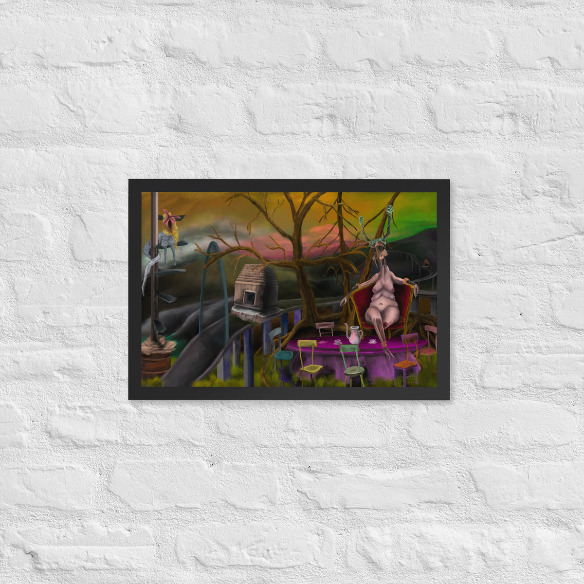 Deer Dra’s Picnic framed luster print hanging alone on a white brick wall