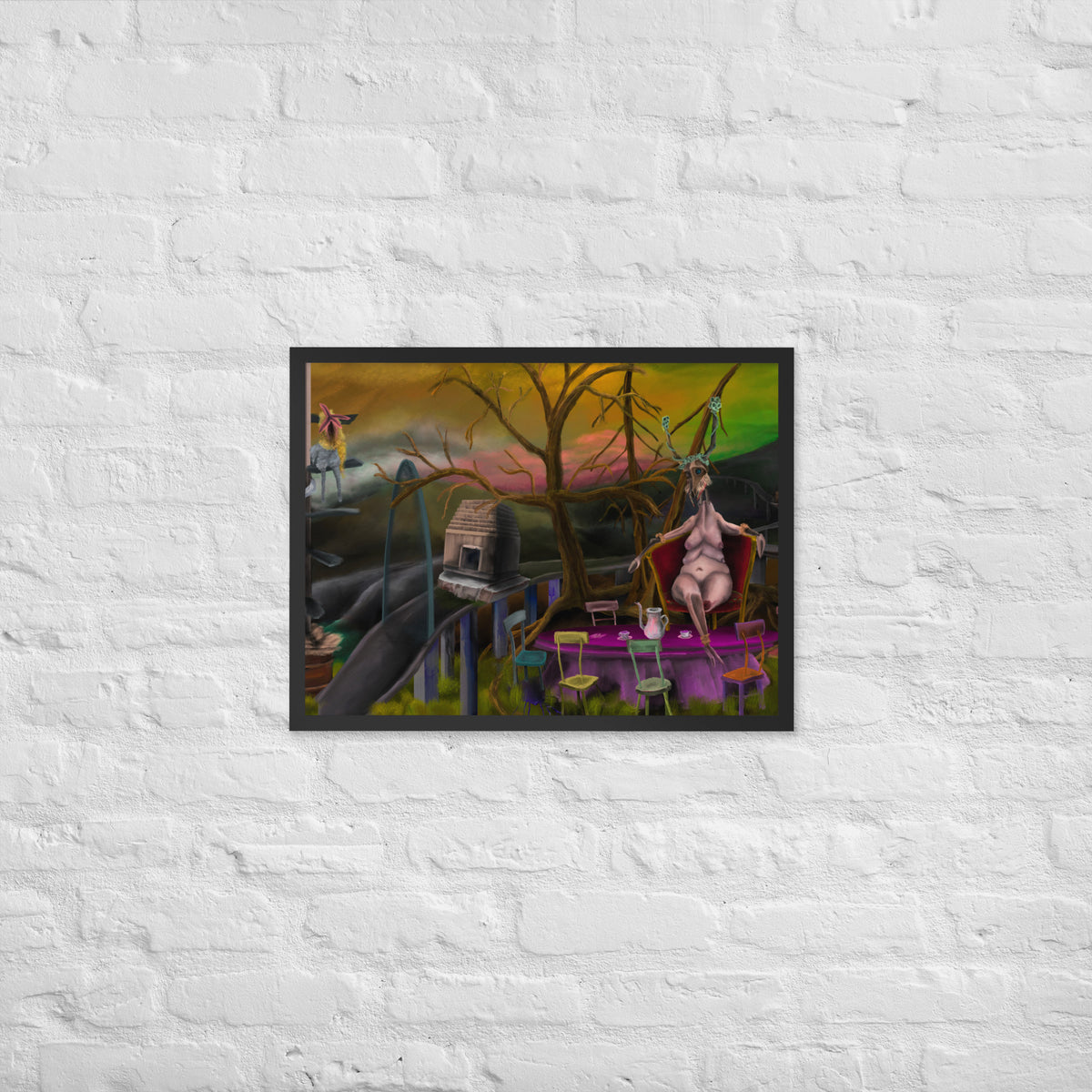 Deer Dra’s Picnic framed luster print hanging on a dark gray wall