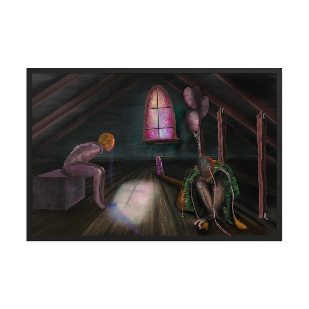 Feral Stuart by Fish, framed luster print of a dim attic with a slanted roof and a pink window, where a kneeling figure with orange hair sits near a green draped creature in a pool of light