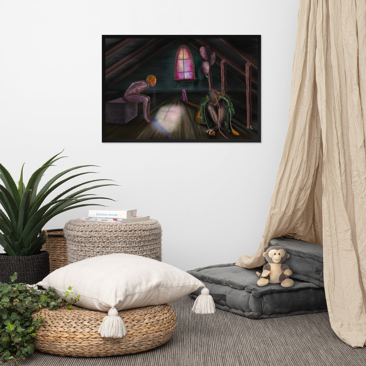 Feral Stuart framed luster print hanging above a floor cushion, woven basket, and potted plant with a curtain at the edge of the frame
