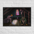 Feral Stuart framed luster print hanging alone on a white brick wall