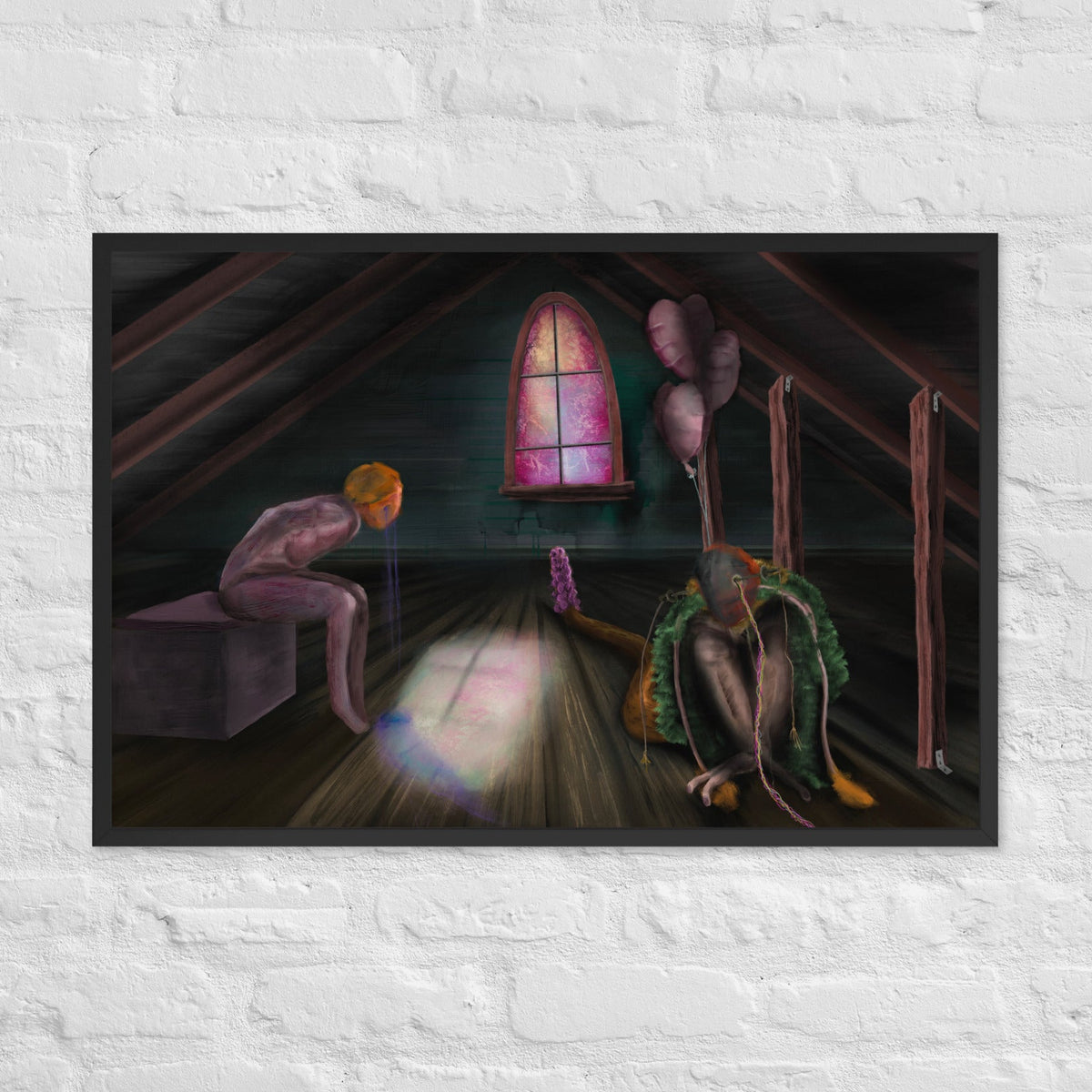 Feral Stuart framed luster print hanging alone on a white brick wall