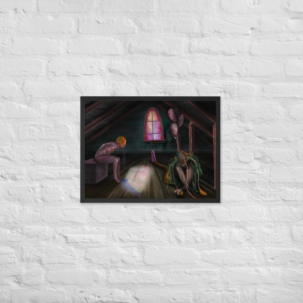 Feral Stuart framed luster print hanging on a dark gray wall