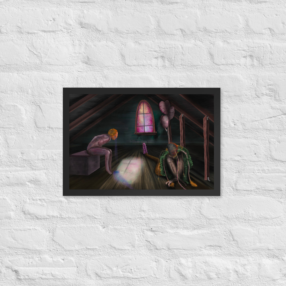 Feral Stuart framed luster print hanging on a white brick wall, shown wider to give a sense of scale
