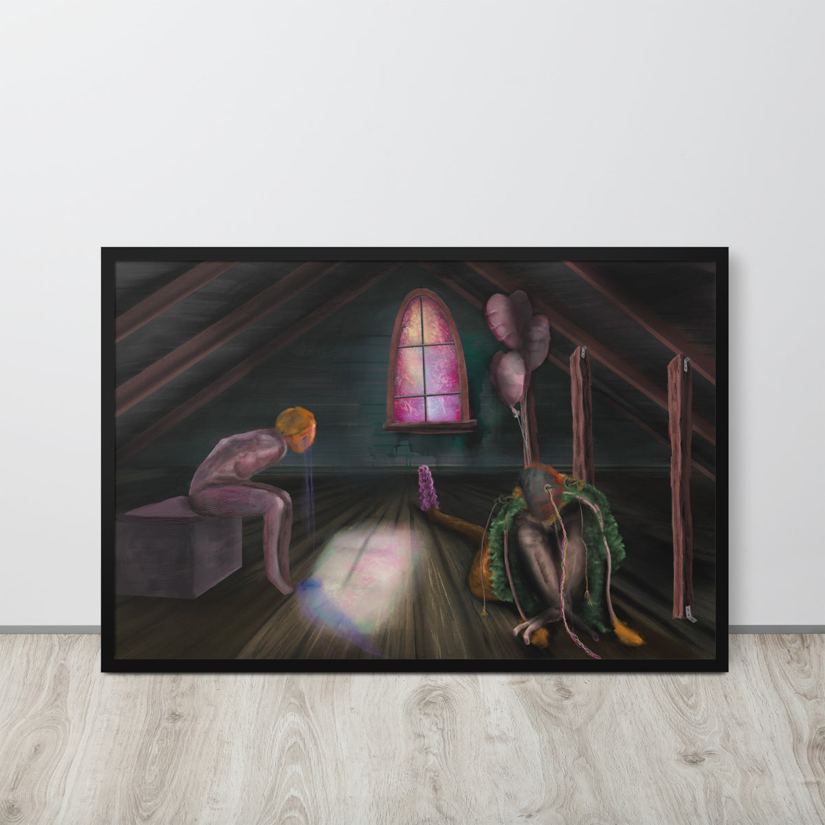 Feral Stuart framed luster print leaning against a white wall on a light wood floor