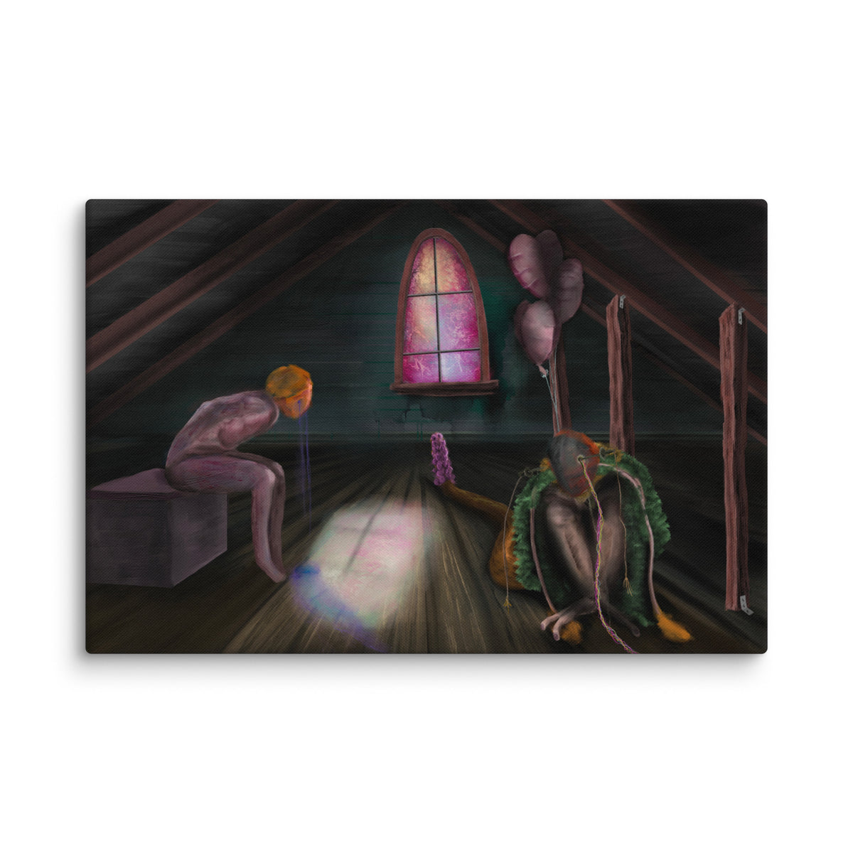 Feral Stuart canvas print by Fish shown at an angle against a plain white background so the solid wrapped edge of the canvas is visible