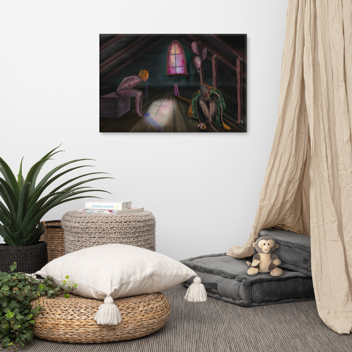 Feral Stuart canvas print by Fish hanging on a white wall in a styled corner with a floor cushion, a potted plant and a linen curtain