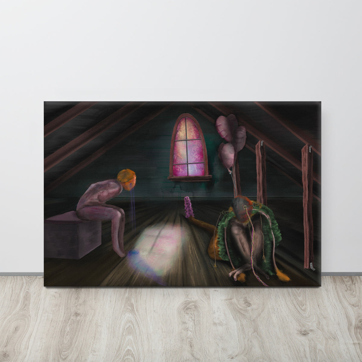 Feral Stuart canvas print by Fish hanging on a pale wall above a light wood floor