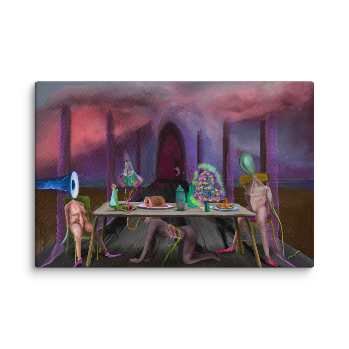 The Crass Supper canvas print by Fish shown at an angle against a plain white background so the solid wrapped edge of the canvas is visible