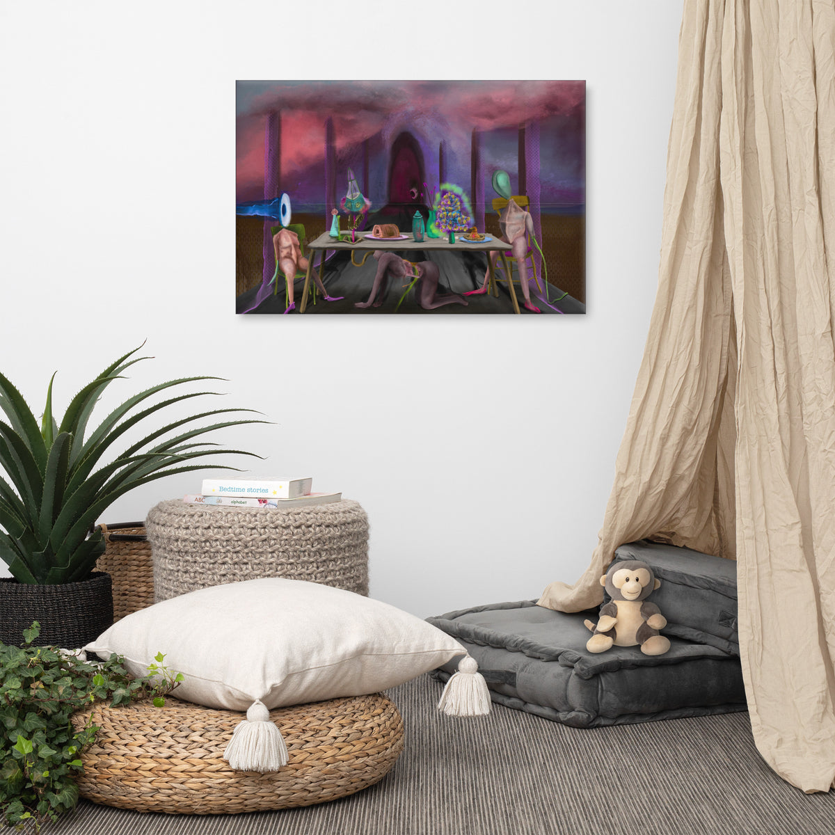 The Crass Supper canvas print by Fish hanging on a white wall in a styled corner with a floor cushion, a potted plant and a linen curtain