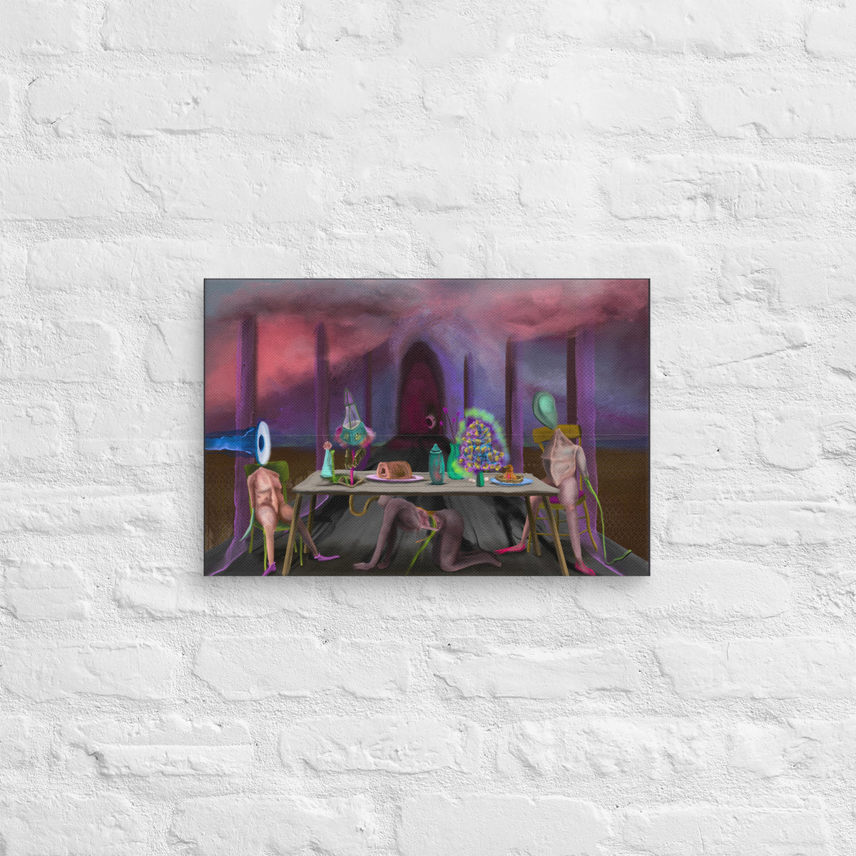 The Crass Supper canvas print by Fish hanging on a white brick wall