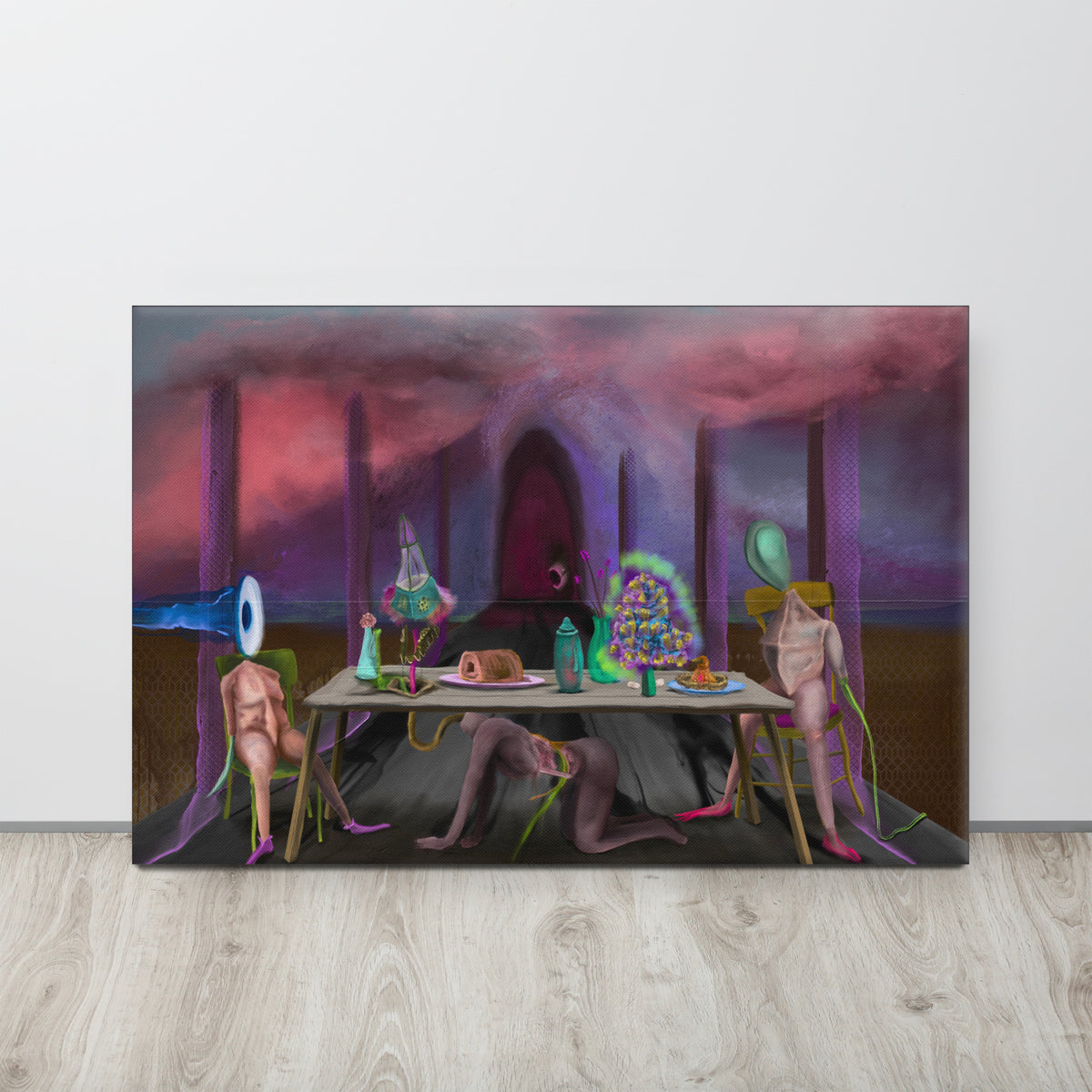 The Crass Supper canvas print by Fish hanging on a pale wall above a light wood floor
