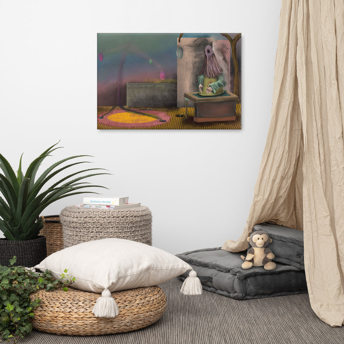 The Daemon of the Void canvas print by Fish hanging on a white wall in a styled corner with a floor cushion, a potted plant and a linen curtain