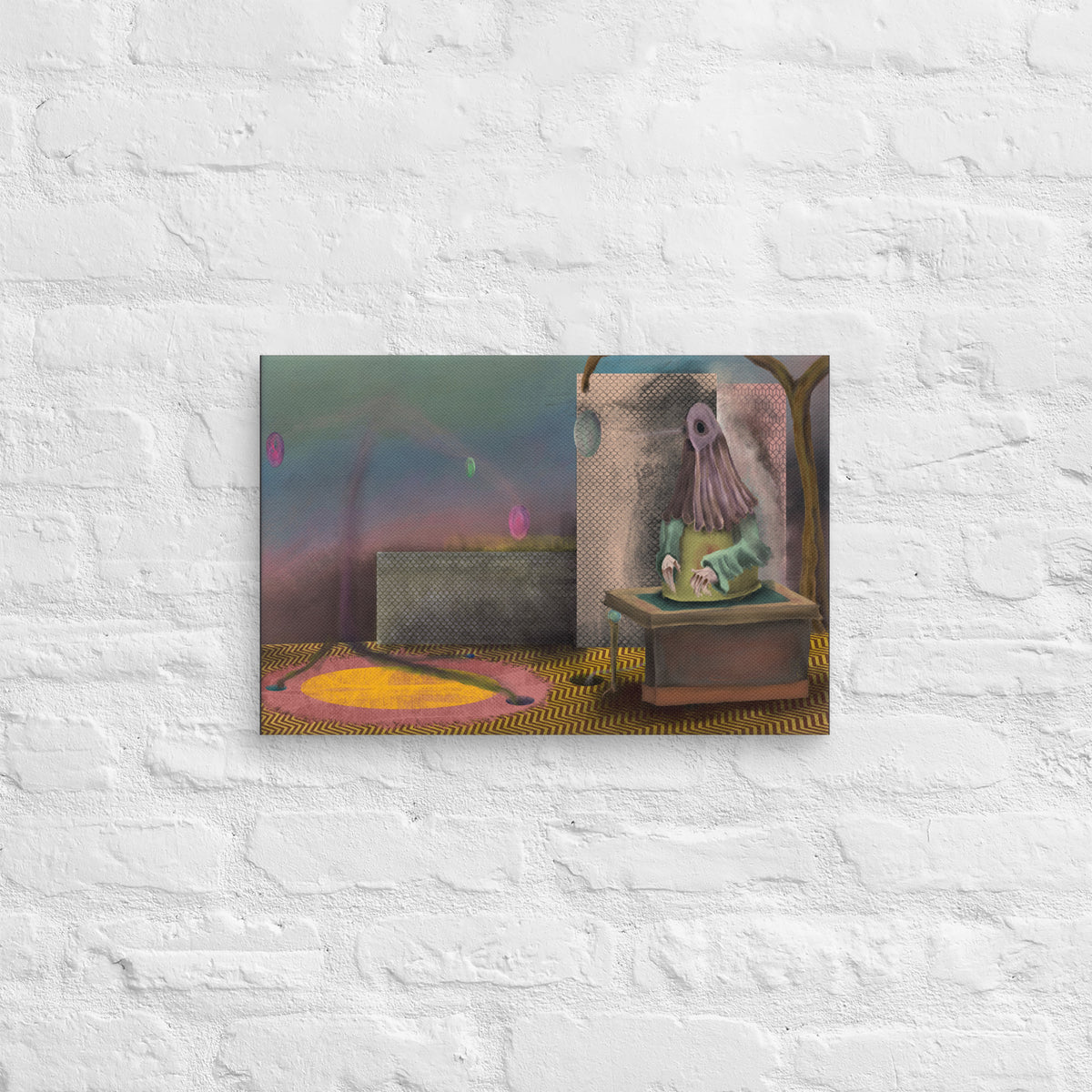 The Daemon of the Void canvas print by Fish hanging on a dark grey brick wall