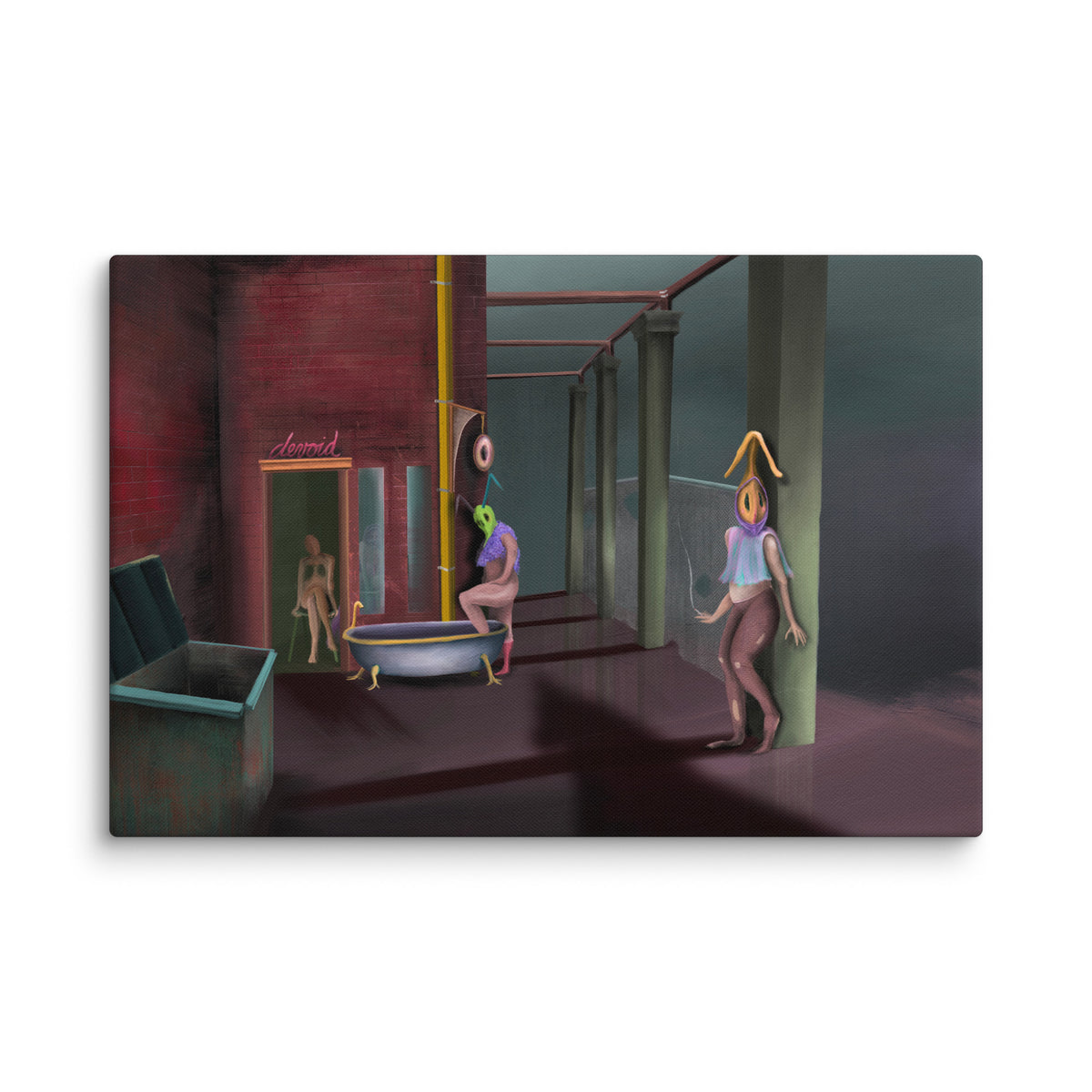 The Keeper Recruits canvas print by Fish shown at an angle against white brick so the solid wrapped edge of the canvas is visible