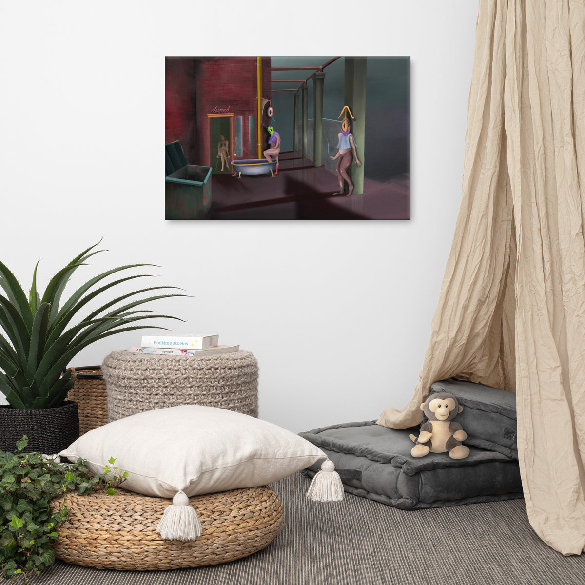 The Keeper Recruits canvas print by Fish hanging on a white wall in a styled corner with a floor cushion, a potted plant and a linen curtain