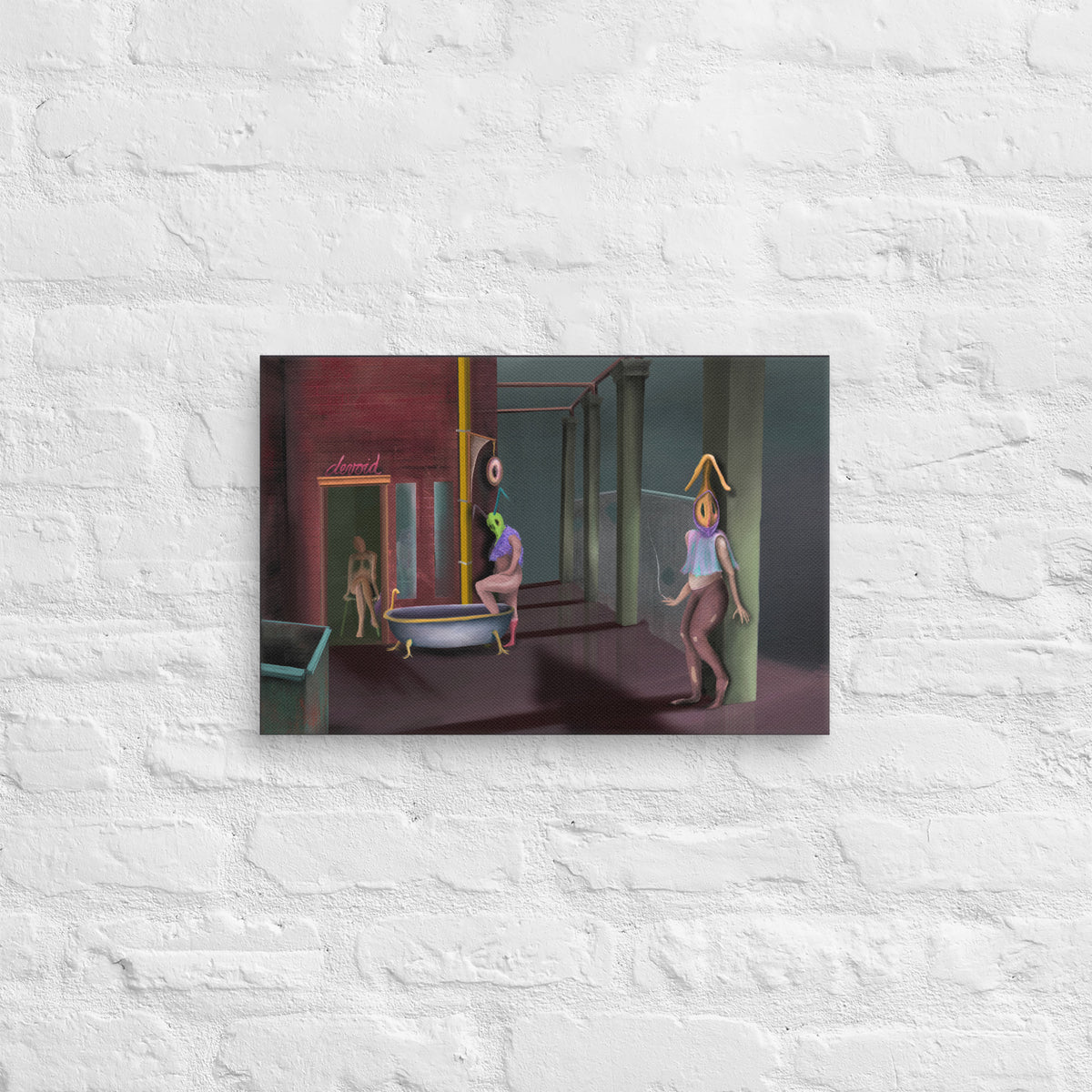 The Keeper Recruits canvas print by Fish hanging on a white brick wall