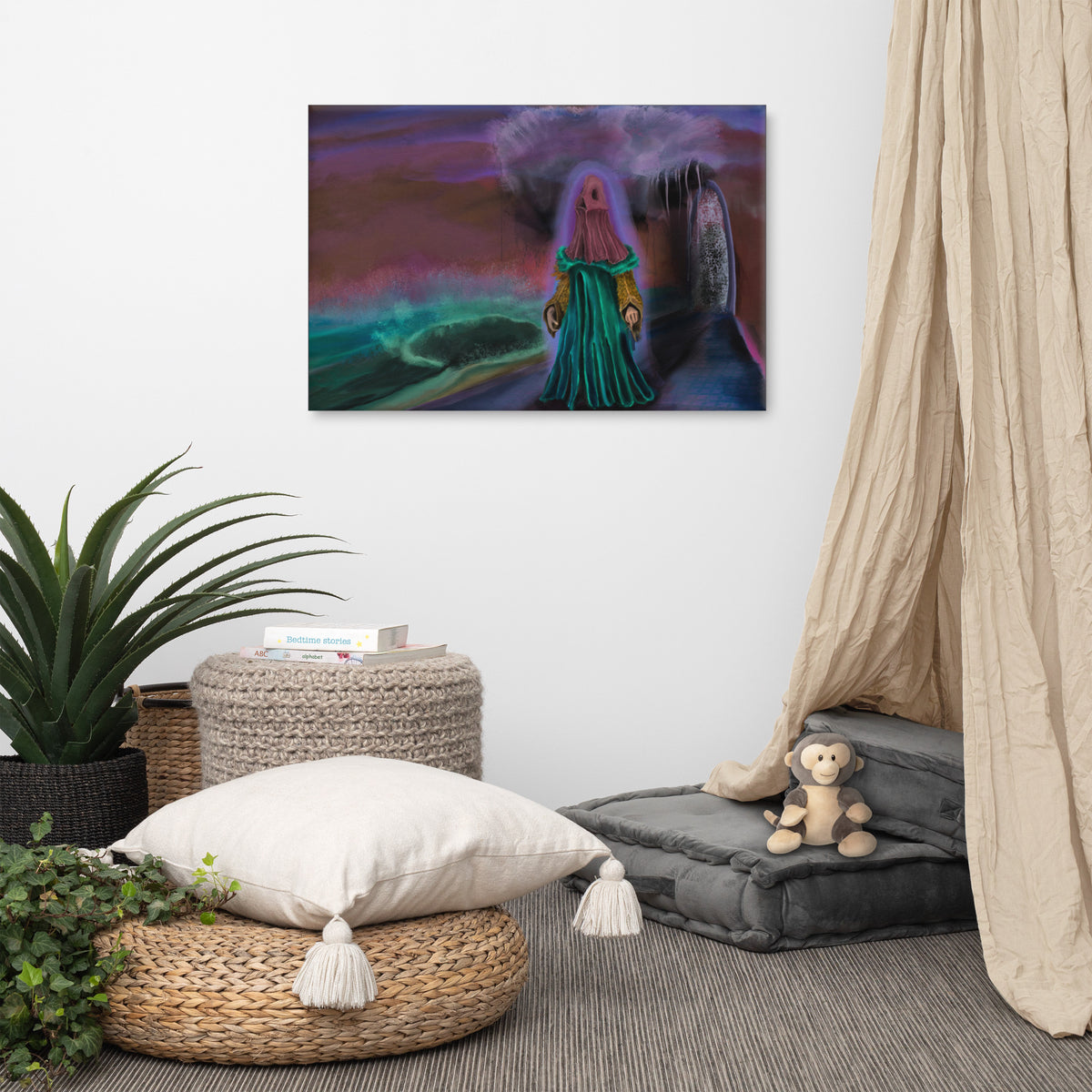The Keeper Screams canvas print by Fish hanging on a white wall in a styled corner with a floor cushion, a potted plant and a linen curtain