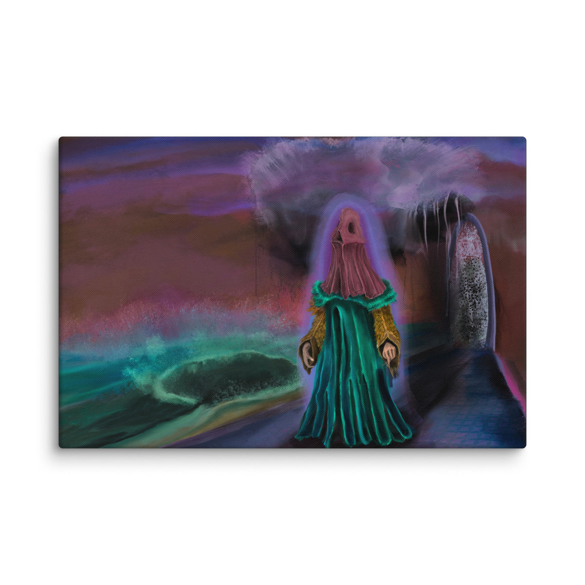 The Keeper Screams canvas print by Fish shown at an angle against a plain white background so the solid wrapped edge of the canvas is visible