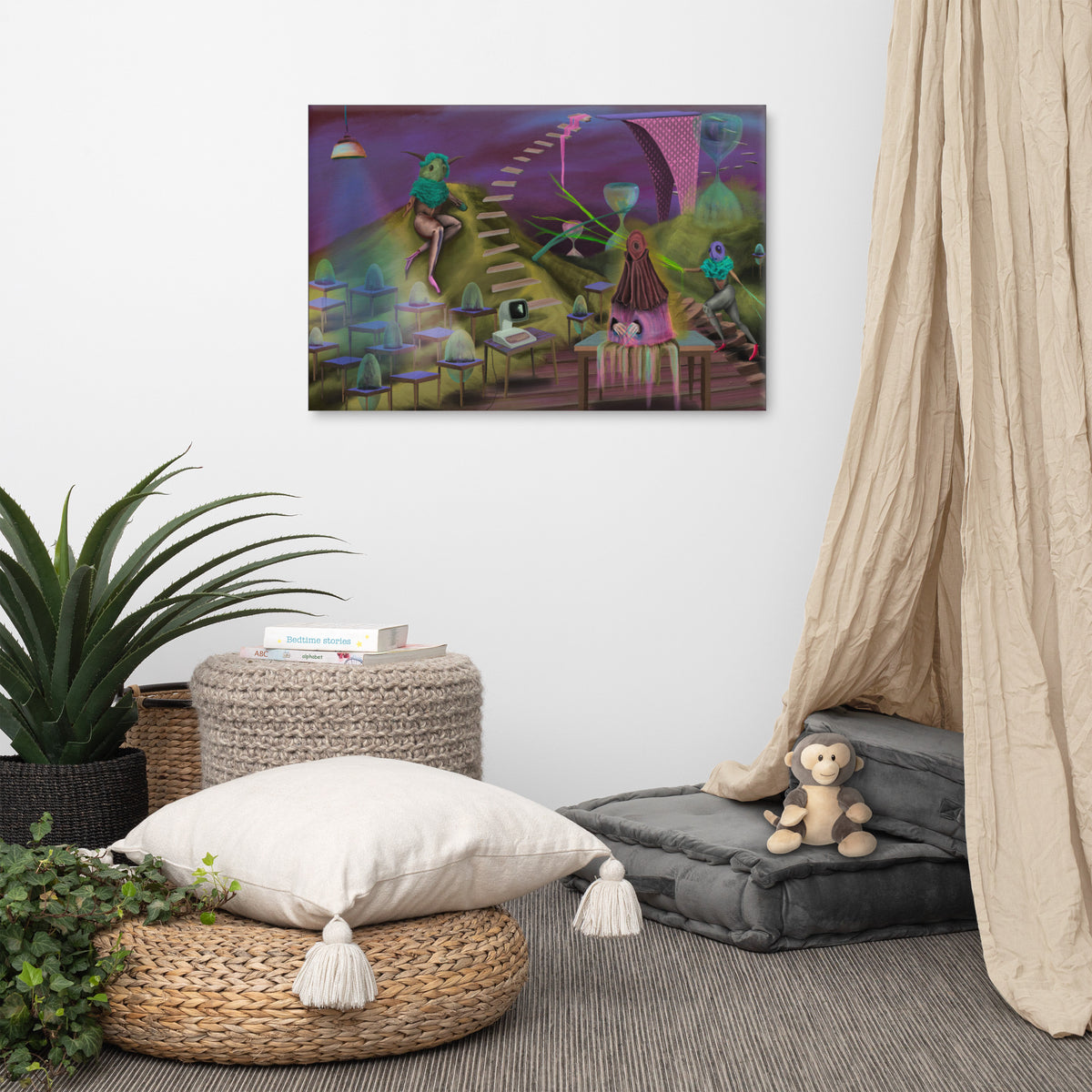 The Keeper's Time-Share canvas print by Fish hanging on a white wall in a styled corner with a floor cushion, a potted plant and a linen curtain