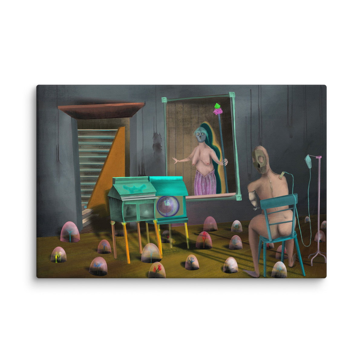The Sitting Room canvas print by Fish shown at an angle against a plain white background so the solid wrapped edge of the canvas is visible