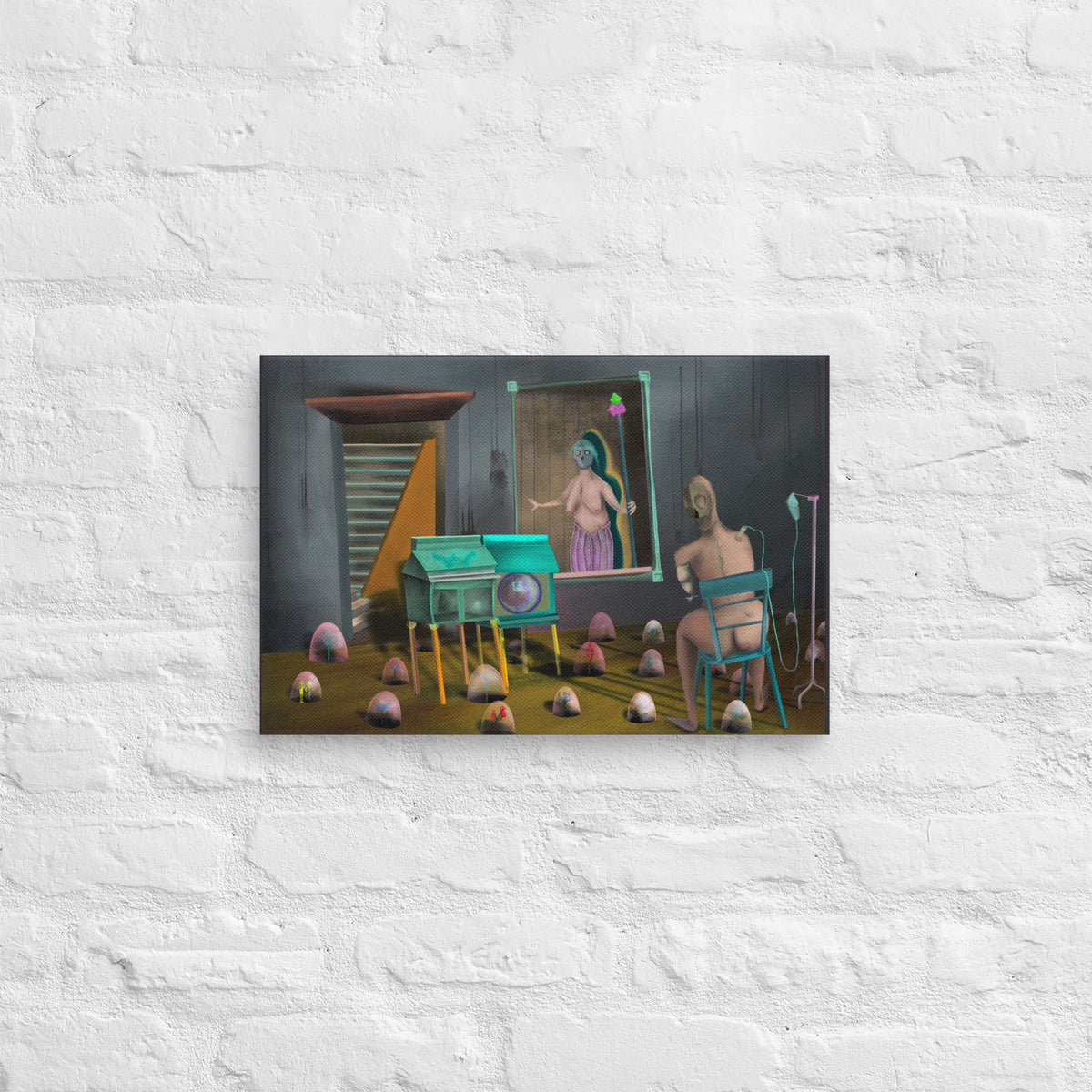 The Sitting Room canvas print by Fish hanging on a white brick wall