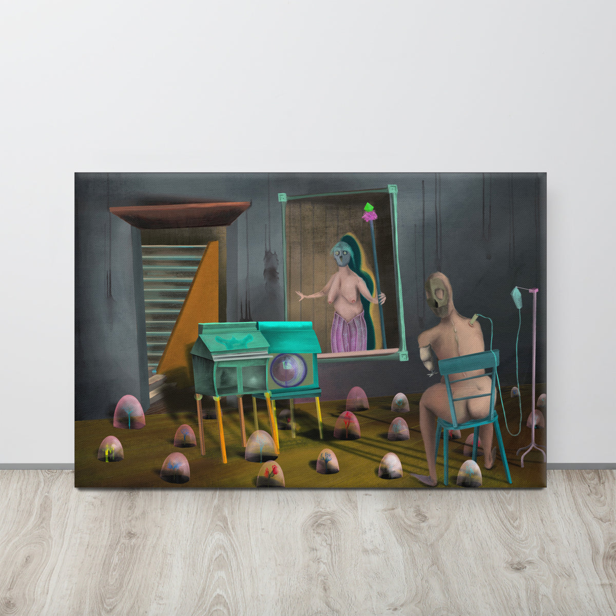The Sitting Room canvas print by Fish hanging on a pale wall above a light wood floor