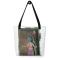 The Sitting Room Framed Daemon tote bag by Fish, a white all over print tote showing a figure with teal hair standing in a doorway, hanging by its black handles against a white background