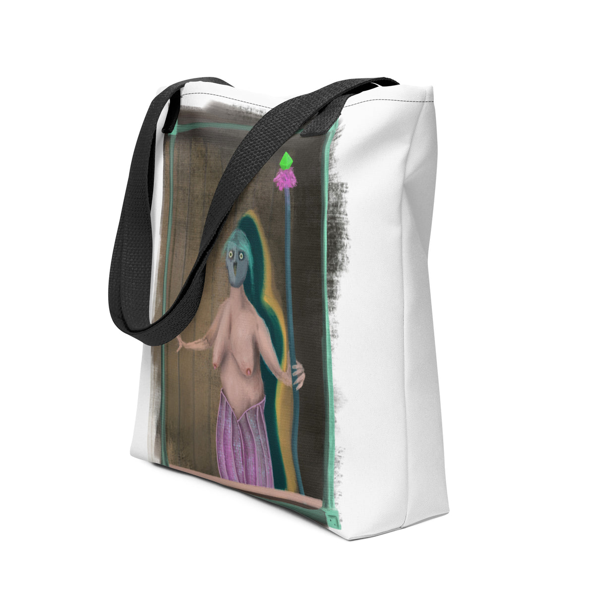 The Sitting Room Framed Daemon tote bag by Fish shown at an angle so the side panel and depth of the bag are visible
