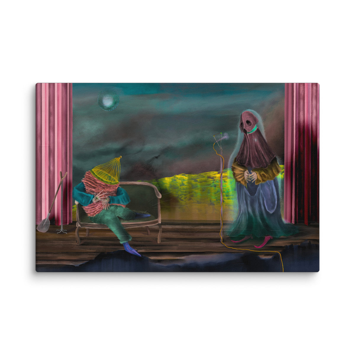 The Void Keeper Tours canvas print by Fish shown at an angle against a plain white background so the solid wrapped edge of the canvas is visible
