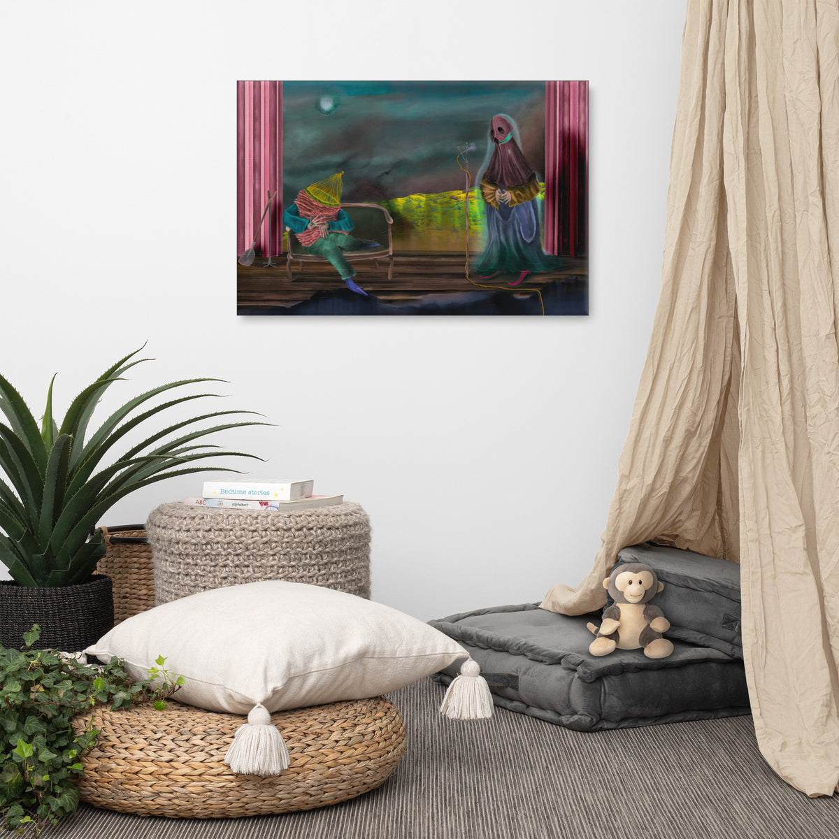 The Void Keeper Tours canvas print by Fish hanging on a white wall in a styled corner with a floor cushion, a potted plant and a linen curtain