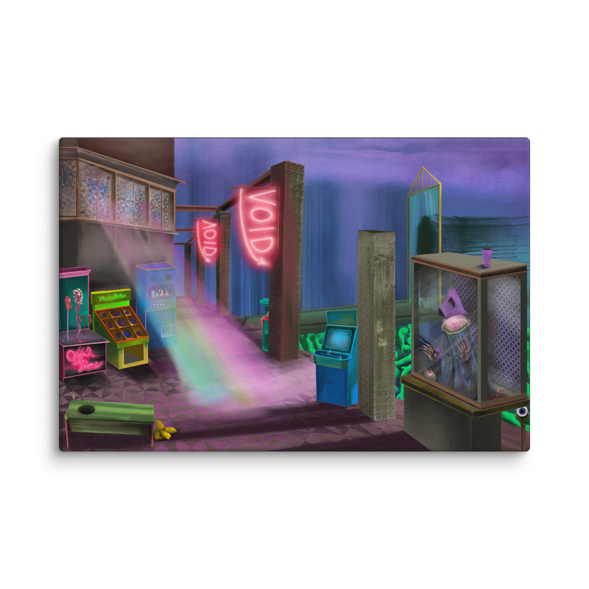 The Void Keeper's Arcade canvas print by Fish shown at an angle against white brick so the solid wrapped edge of the canvas is visible