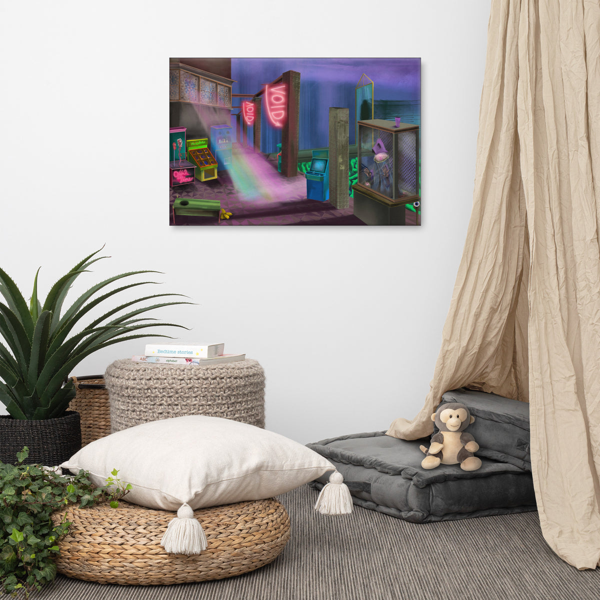 The Void Keeper's Arcade canvas print by Fish hanging on a white wall in a styled corner with a floor cushion, a potted plant and a linen curtain
