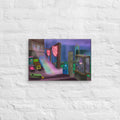 The Void Keeper's Arcade canvas print by Fish hanging on a white brick wall