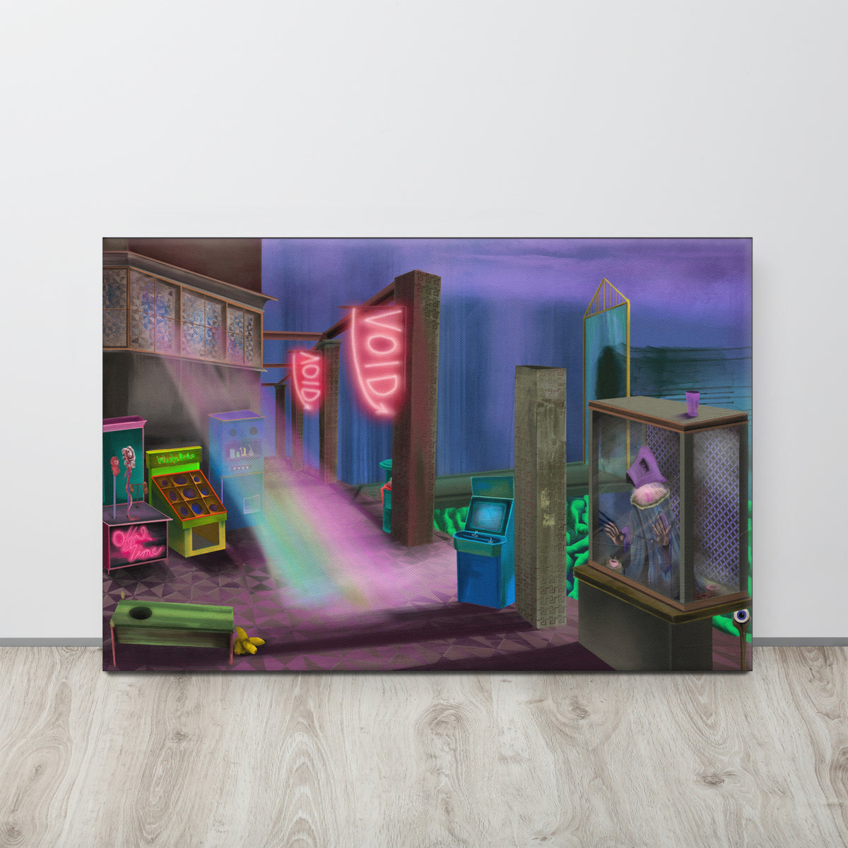 The Void Keeper's Arcade canvas print by Fish hanging on a pale wall above a light wood floor