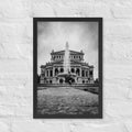 German Precision framed luster print by iain, black framed black and white photograph of Frankfurt's Alte Oper opera house and its fountain, hanging on a white brick wall