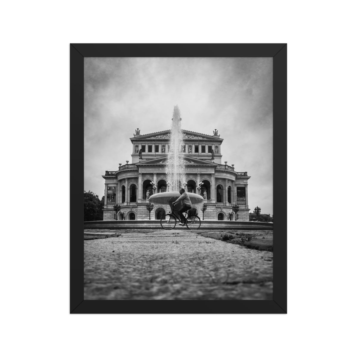 German Precision framed luster print by iain, front view of the black framed print showing the symmetrical opera house, the fountain, and the paved plaza in front