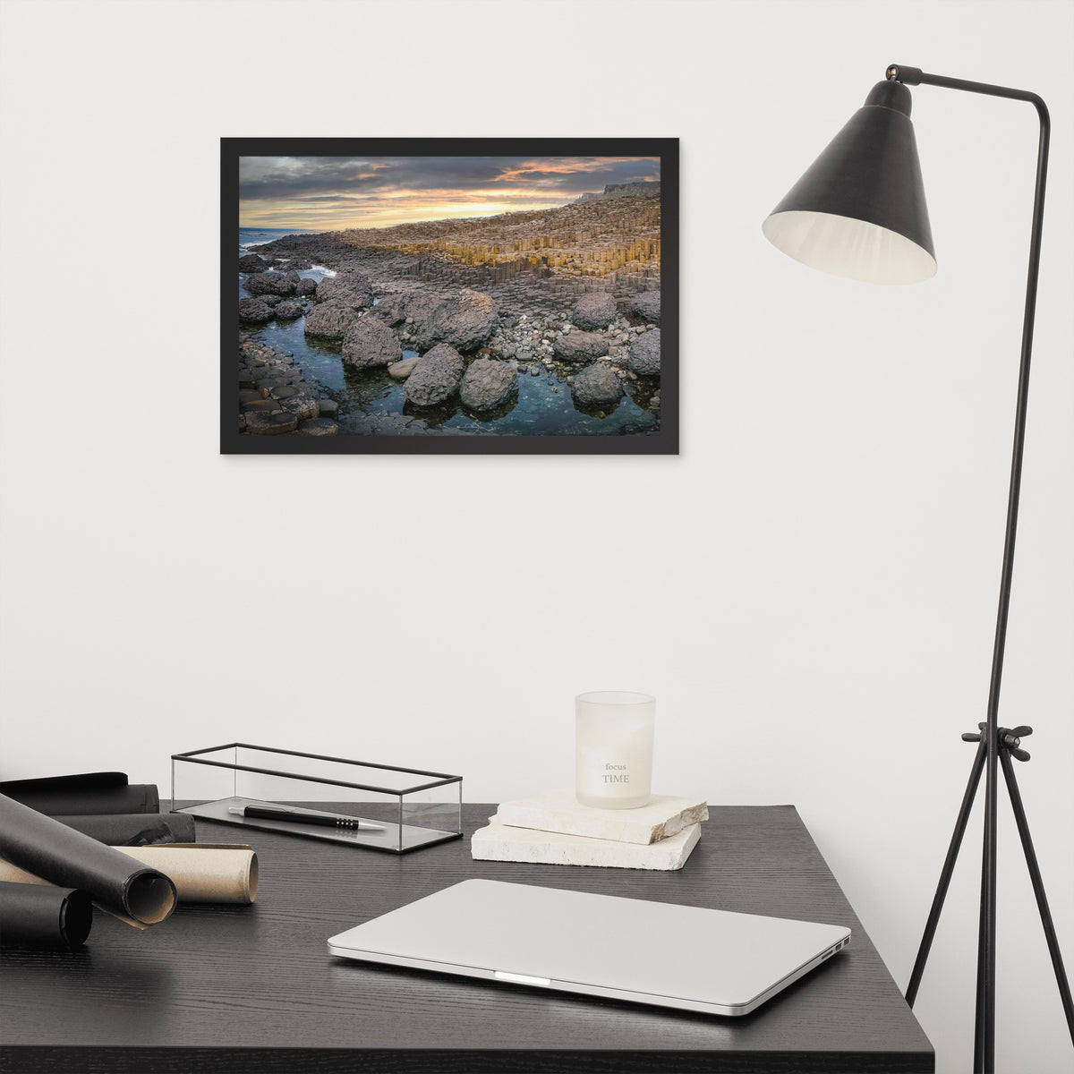 Giant's Causeway, Northern Ireland framed luster print by iain, black framed print hanging above a desk next to a black floor lamp