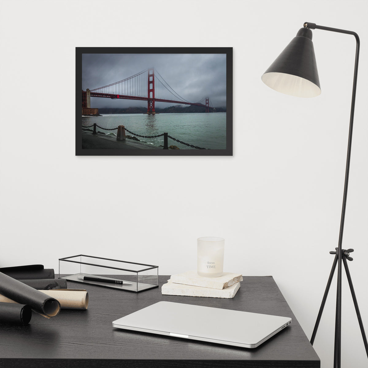 Golden Gate Bridge, San Francisco framed luster print by iain, black framed print hanging above a desk next to a black floor lamp
