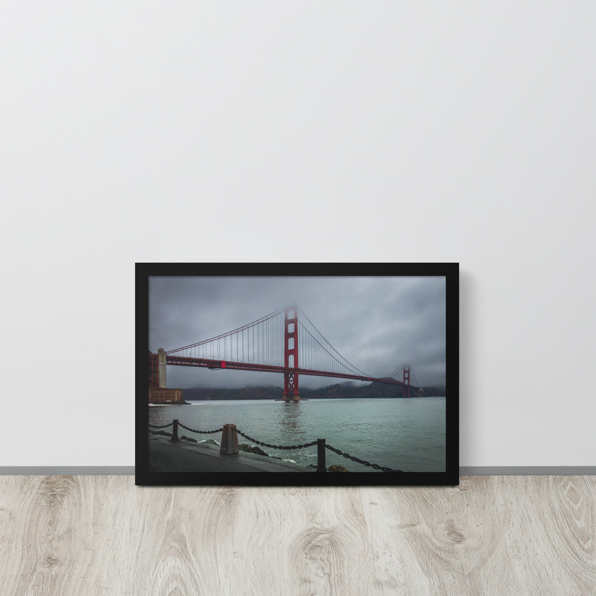 Golden Gate Bridge, San Francisco framed luster print by iain, black framed print resting on a light wood floor against a white wall