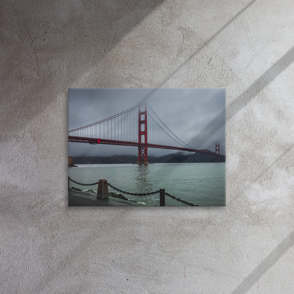 Golden Gate Bridge, San Francisco thin canvas print by Iain Camacho, canvas hanging on a gray concrete wall