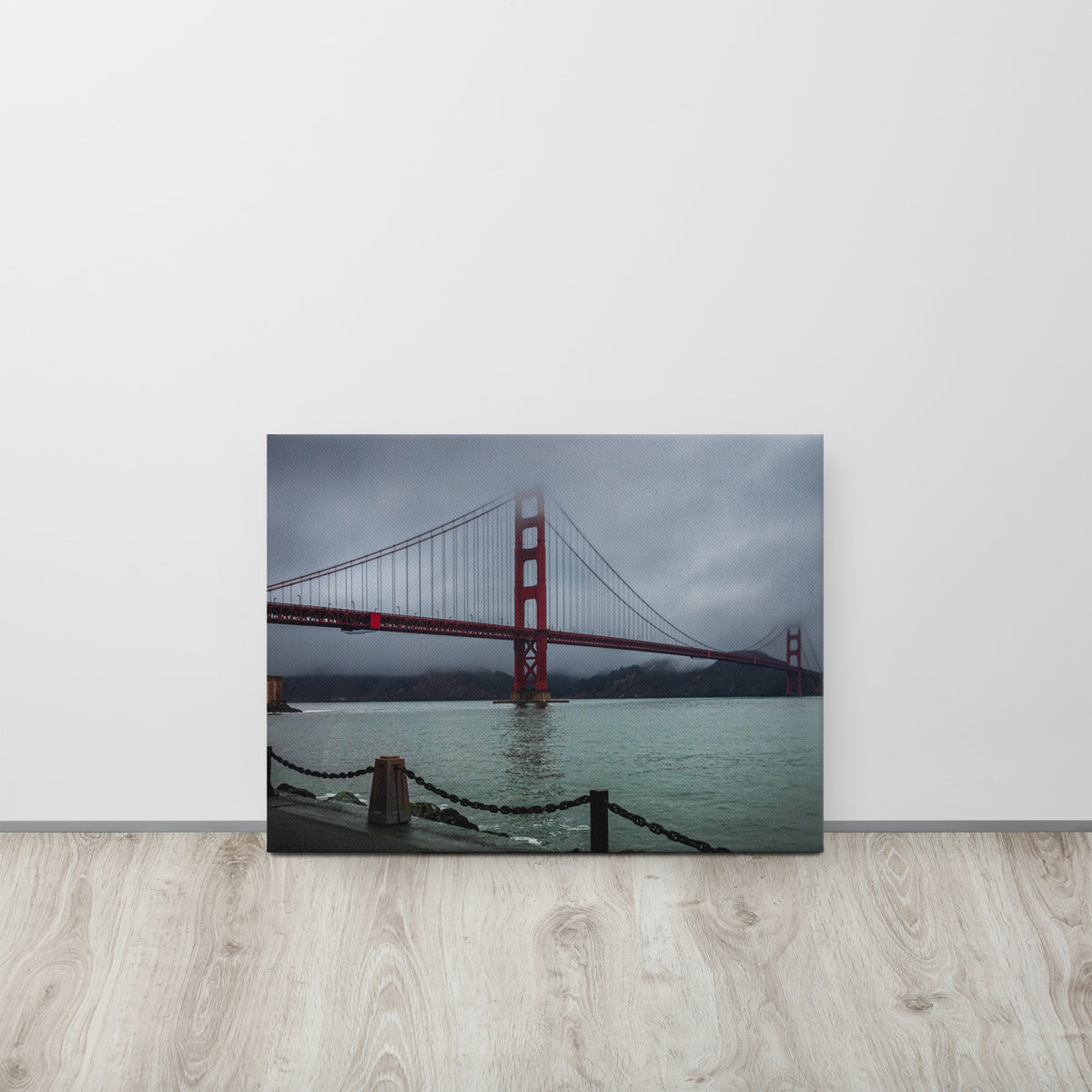 Golden Gate Bridge, San Francisco thin canvas print by Iain Camacho, canvas hanging on a white wall above a light wood floor