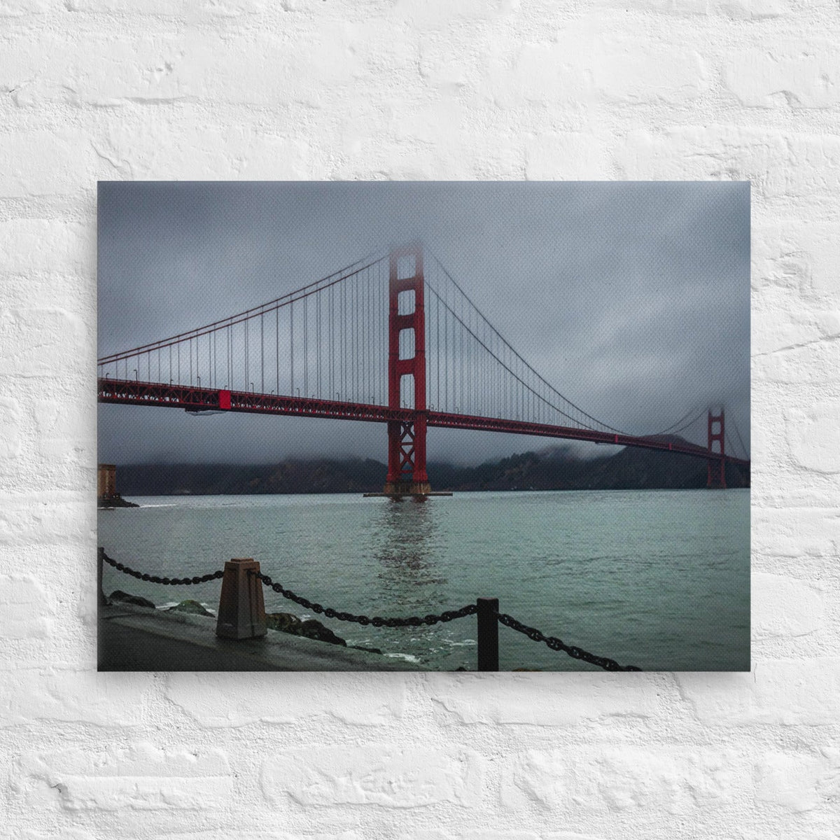 Golden Gate Bridge, San Francisco thin canvas print by Iain Camacho, canvas hanging on a white brick wall
