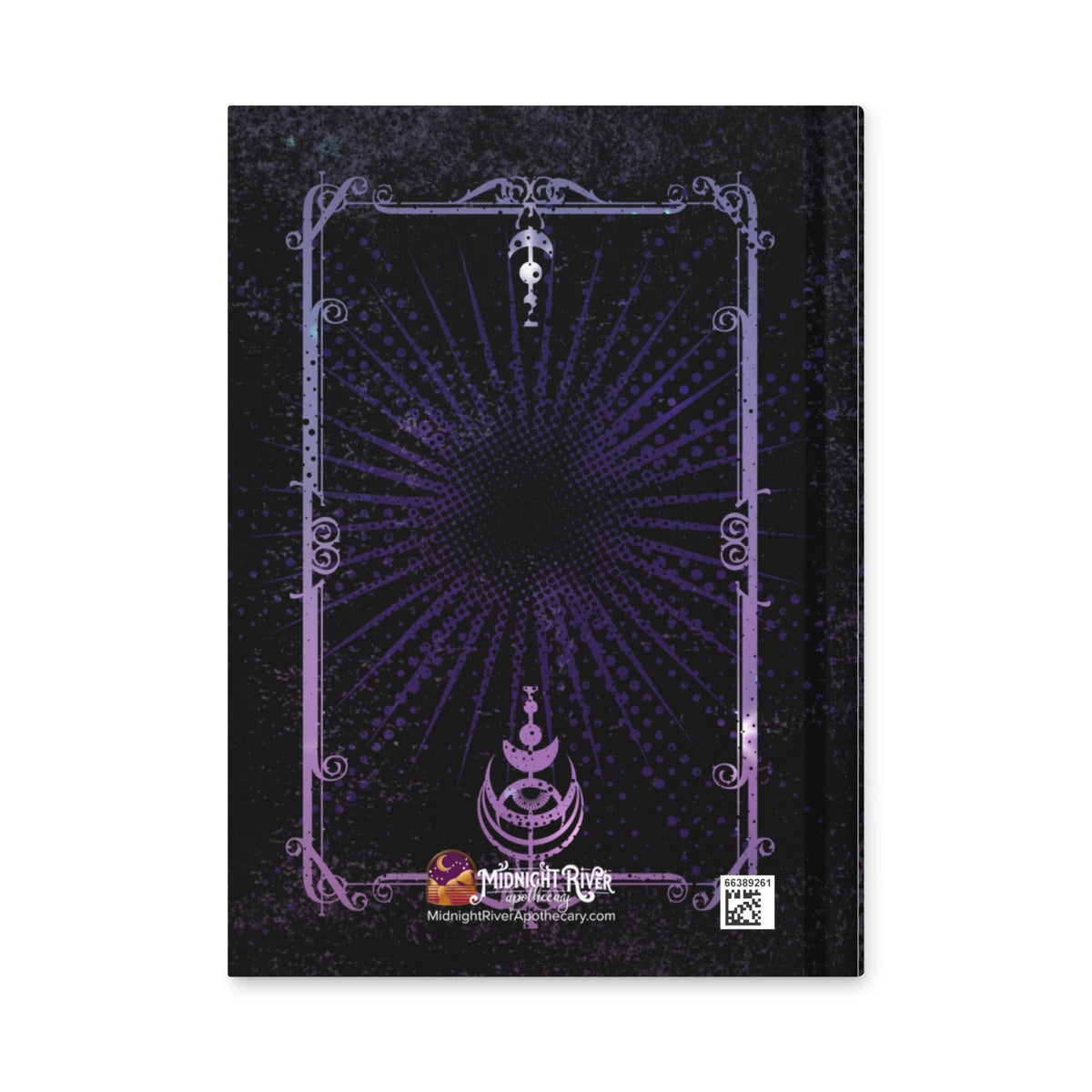 Back cover of the Shadow Work journal, black with a purple ornate frame and radiating sunburst, the Midnight River Apothecary logo and QR code at the bottom