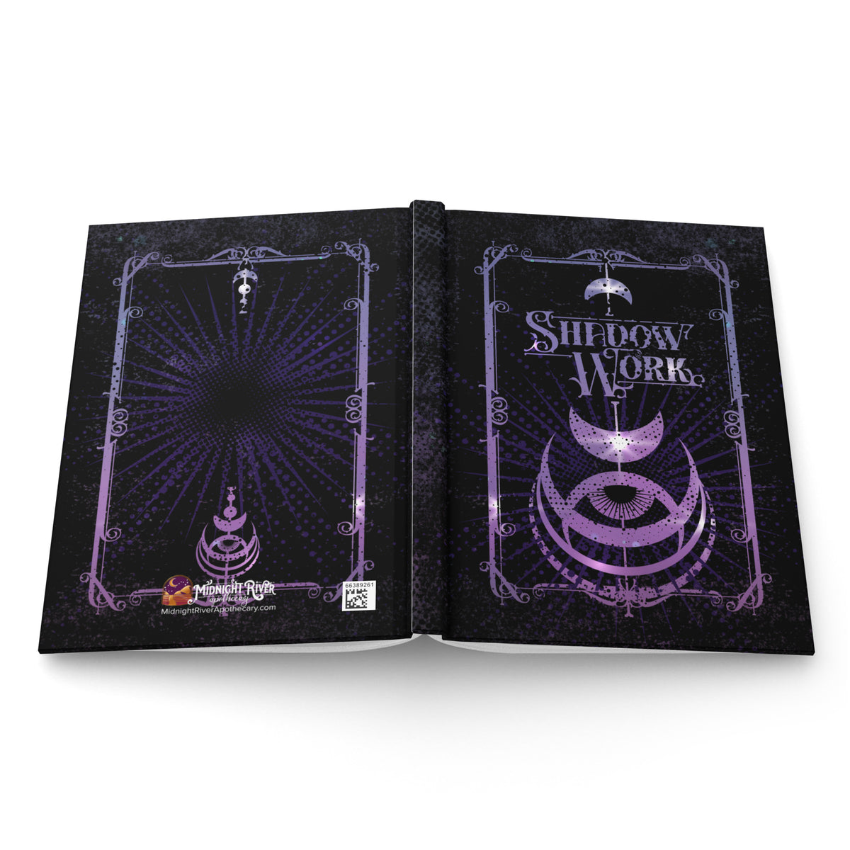 Shadow Work journal laid open flat to show the full wraparound cover, back panel with the Midnight River Apothecary logo and QR code on the left and the moon and eye front design on the right