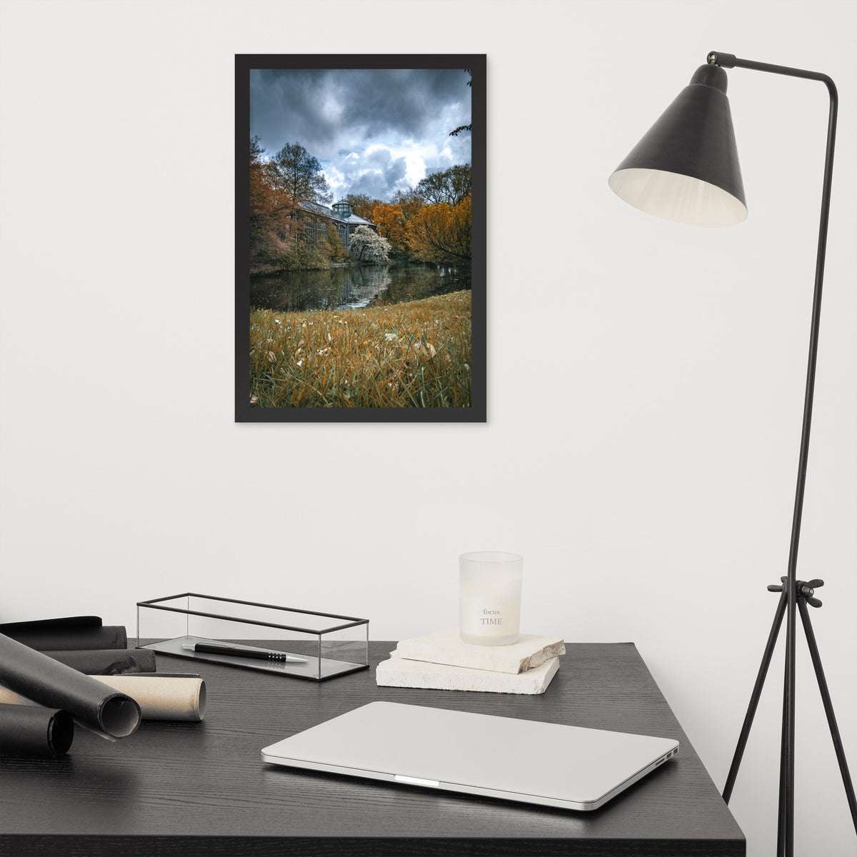 Hortus Botanicus, Amsterdam framed luster print by iain, black framed print hanging above a desk next to a black floor lamp