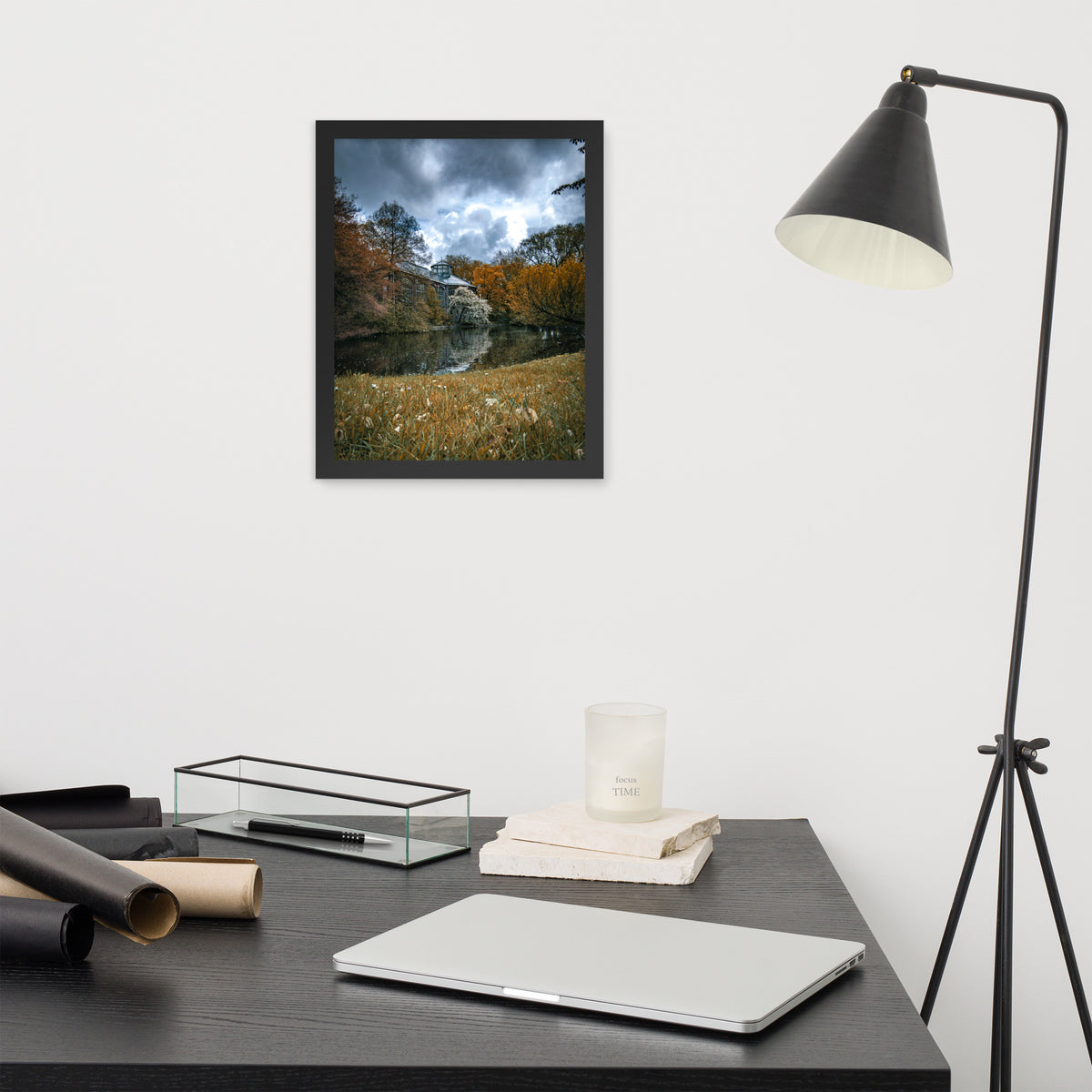 Hortus Botanicus, Amsterdam framed luster print by iain, smaller black framed print hanging above a desk next to a black floor lamp