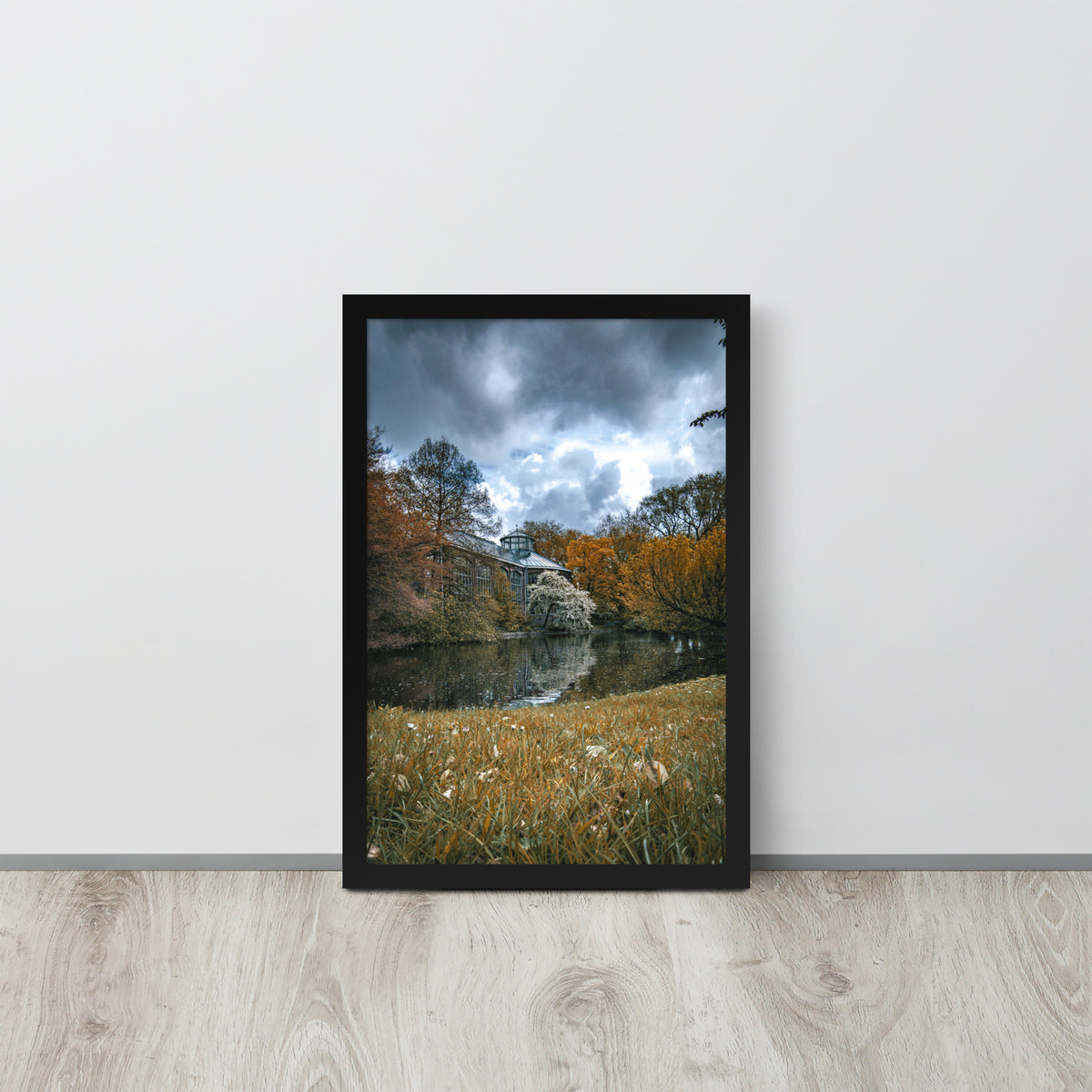 Hortus Botanicus, Amsterdam framed luster print by iain, black framed print resting on a light wood floor against a white wall