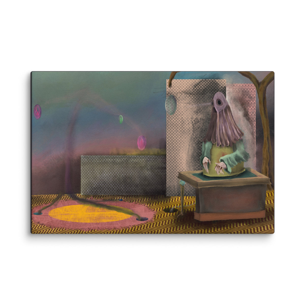 The Daemon of the Void canvas print by Fish shown at a slight angle against a plain white background so the solid wrapped edge of the canvas is visible